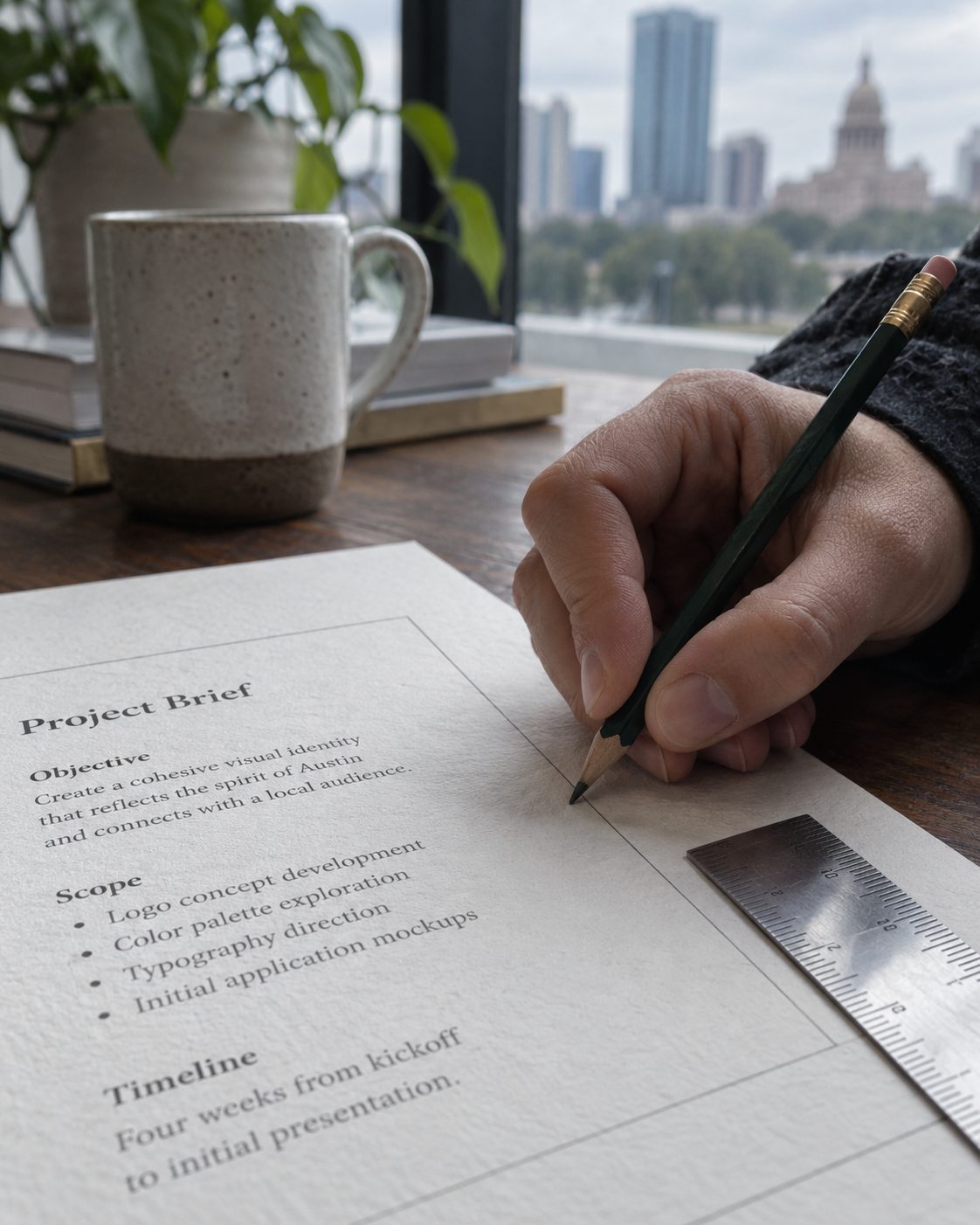 Hand marking the boundary of a short project brief